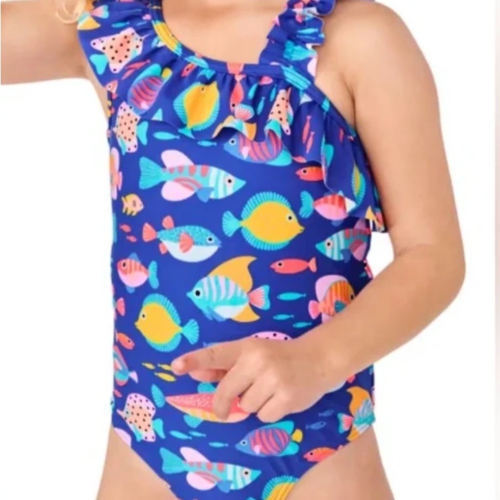 Gymboree Colorful Fish Print Ruffle Straps Kids one piece Swimsuit 2T